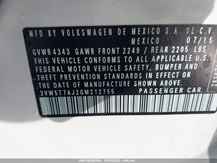 2016 VOLKSWAGEN JETTA GLI/SE/SEL - 3VW5T7AJ2GM212755