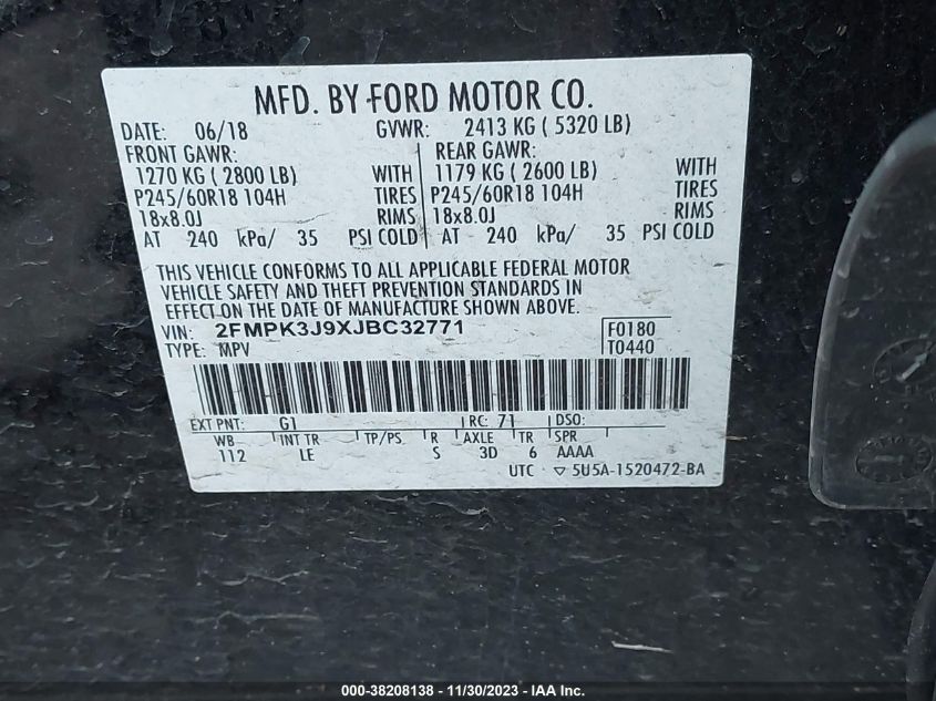 2FMPK3J9XJBC32771 2018 FORD EDGE, photo no. 9