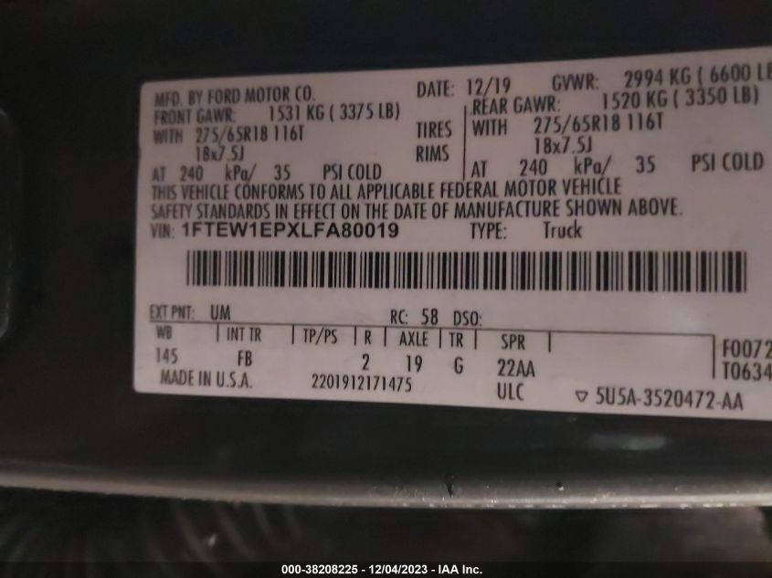 2020 FORD F-150 XLT - 1FTEW1EPXLFA80019