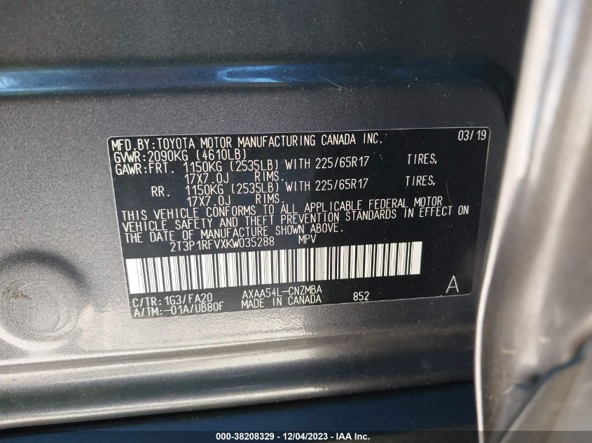 2019 TOYOTA RAV4 XLE/XLE PREMIUM - 2T3P1RFVXKW035288