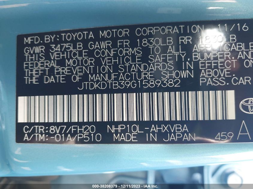 2016 TOYOTA PRIUS C ONE - JTDKDTB39G1589382