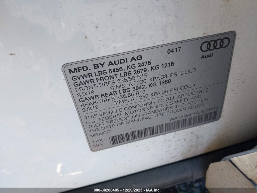 VIN WA1ANAFY5J2015019 2018 AUDI Q5 2.0T PREMIUM/2.0T TECH PREMIUM