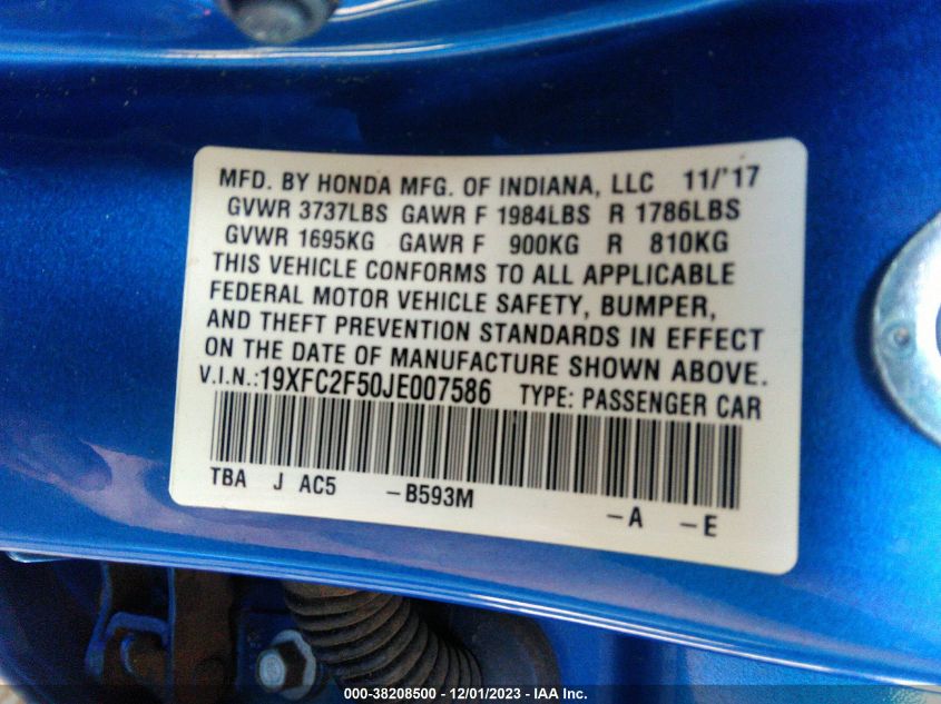 2018 HONDA CIVIC LX - 19XFC2F50JE007586