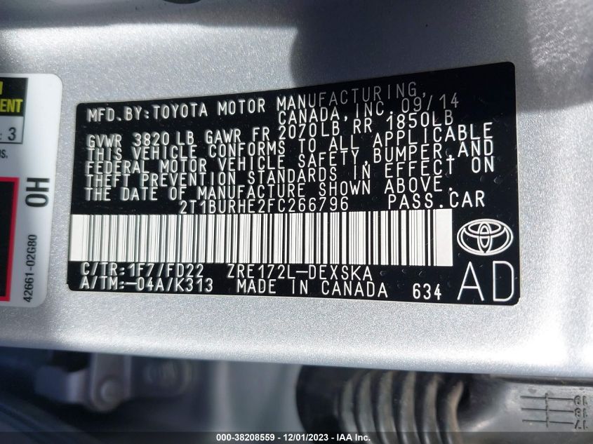 2015 TOYOTA COROLLA S PLUS - 2T1BURHE2FC266796