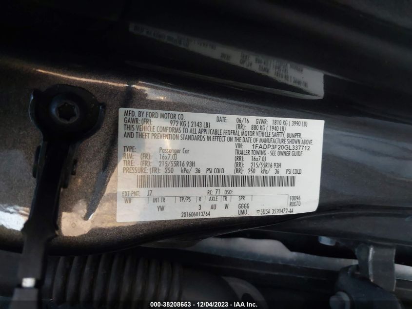 2016 FORD FOCUS SE - 1FADP3F20GL337712