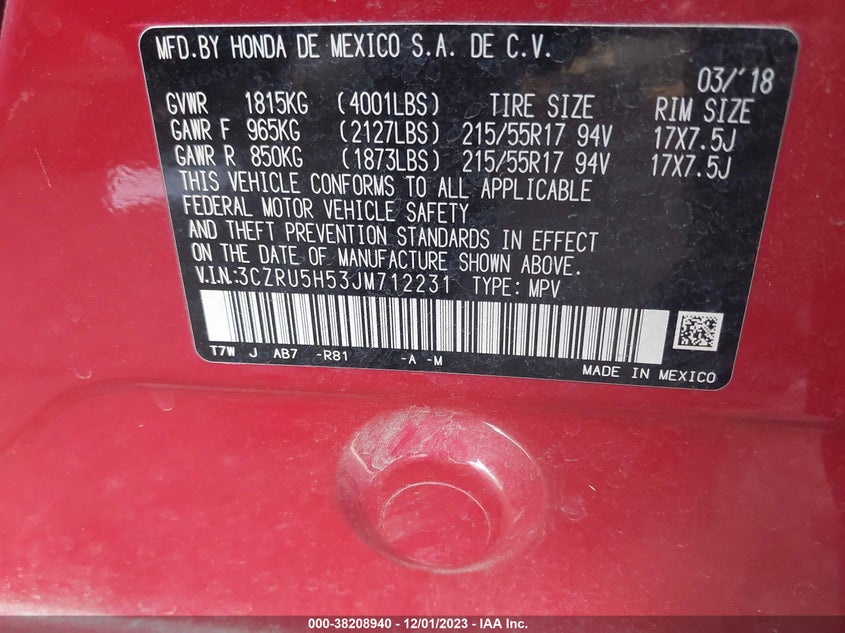 VIN 3CZRU5H53JM712231 2018 HONDA HR-V EX