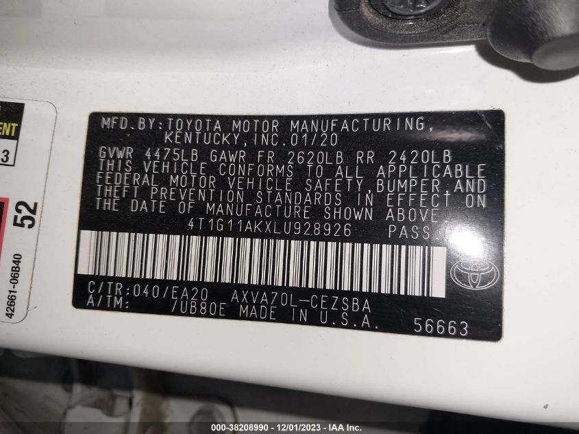 2020 TOYOTA CAMRY SE/SE NIGHT SHADE - 4T1G11AKXLU928926