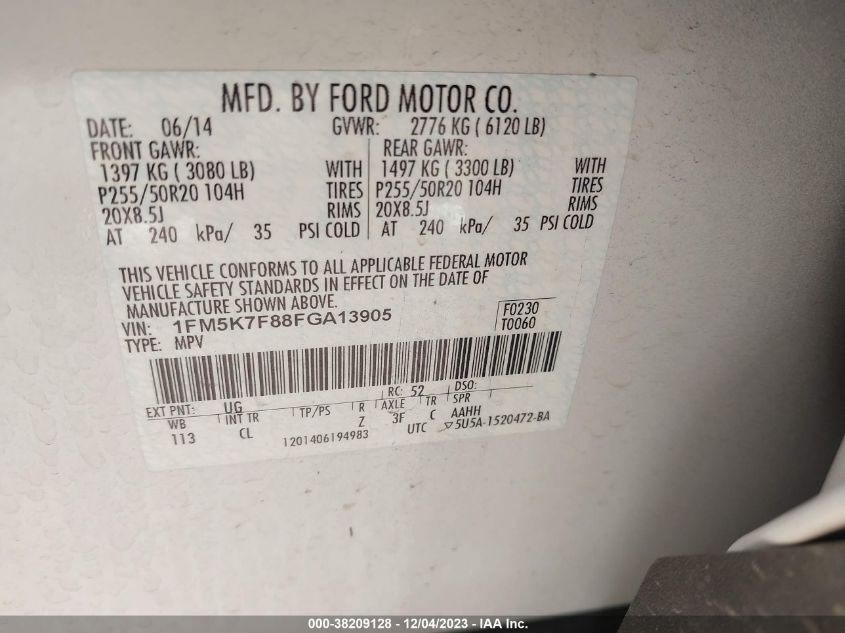 2015 FORD EXPLORER LIMITED - 1FM5K7F88FGA13905