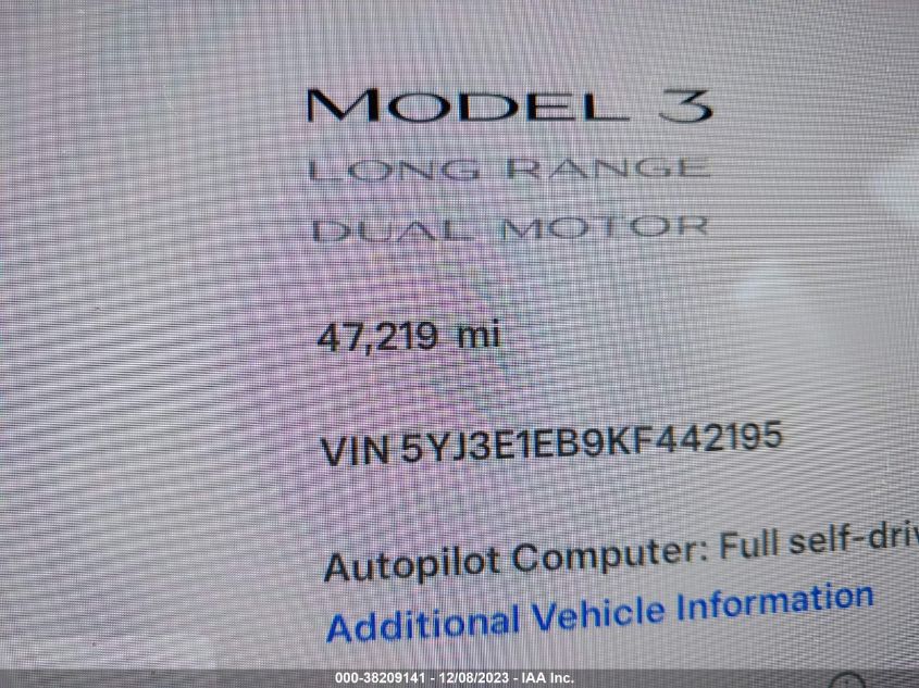 2019 TESLA MODEL 3 LONG RANGE/PERFORMANCE - 5YJ3E1EB9KF442195