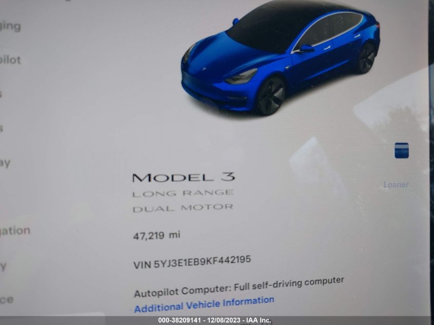 2019 TESLA MODEL 3 LONG RANGE/PERFORMANCE - 5YJ3E1EB9KF442195
