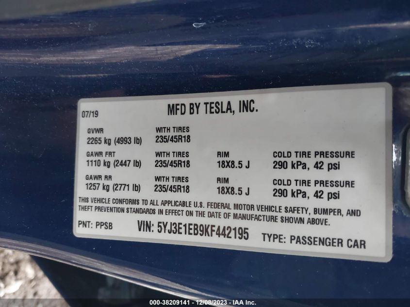 2019 TESLA MODEL 3 LONG RANGE/PERFORMANCE - 5YJ3E1EB9KF442195