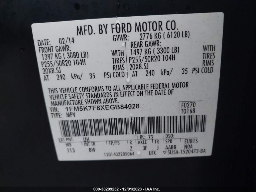 2014 FORD EXPLORER LIMITED - 1FM5K7F8XEGB84928