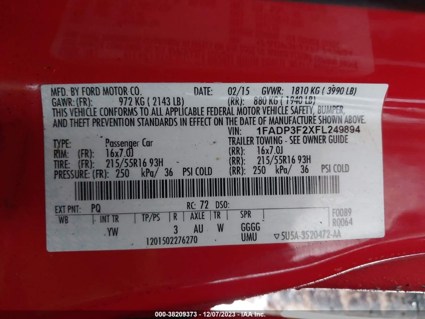 2015 FORD FOCUS SE - 1FADP3F2XFL249894