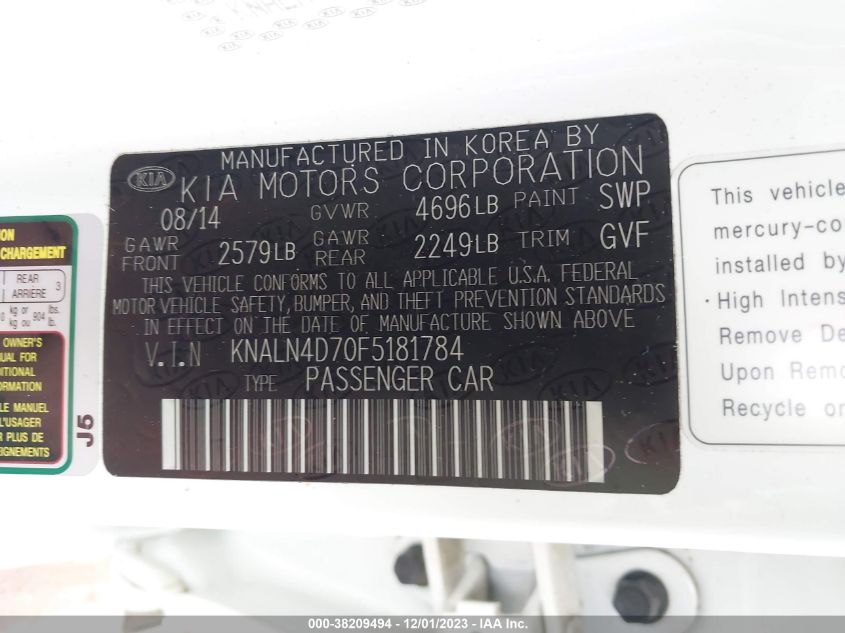 2015 KIA CADENZA - KNALN4D70F5181784