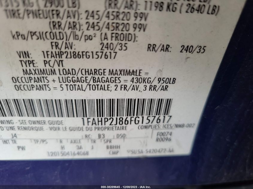 2015 FORD TAURUS LIMITED - 1FAHP2J86FG157617