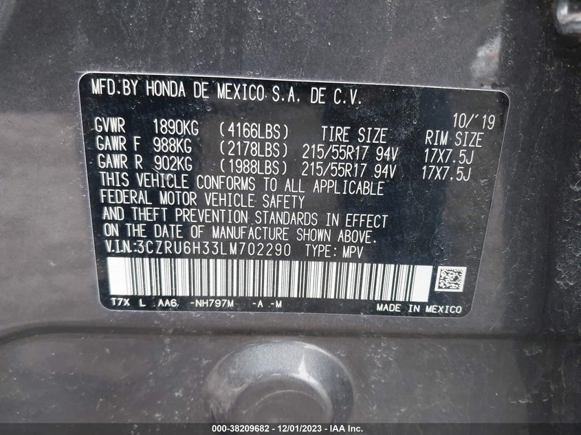 VIN 3CZRU6H33LM702290 2020 HONDA HR-V LX