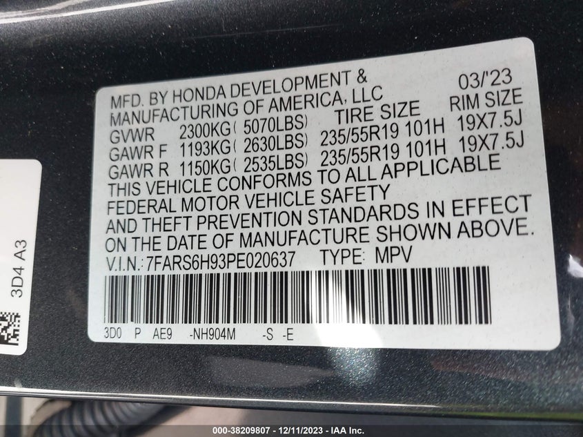 VIN 7FARS6H93PE020637 2023 HONDA CR-V HYBRID SPORT TOURING