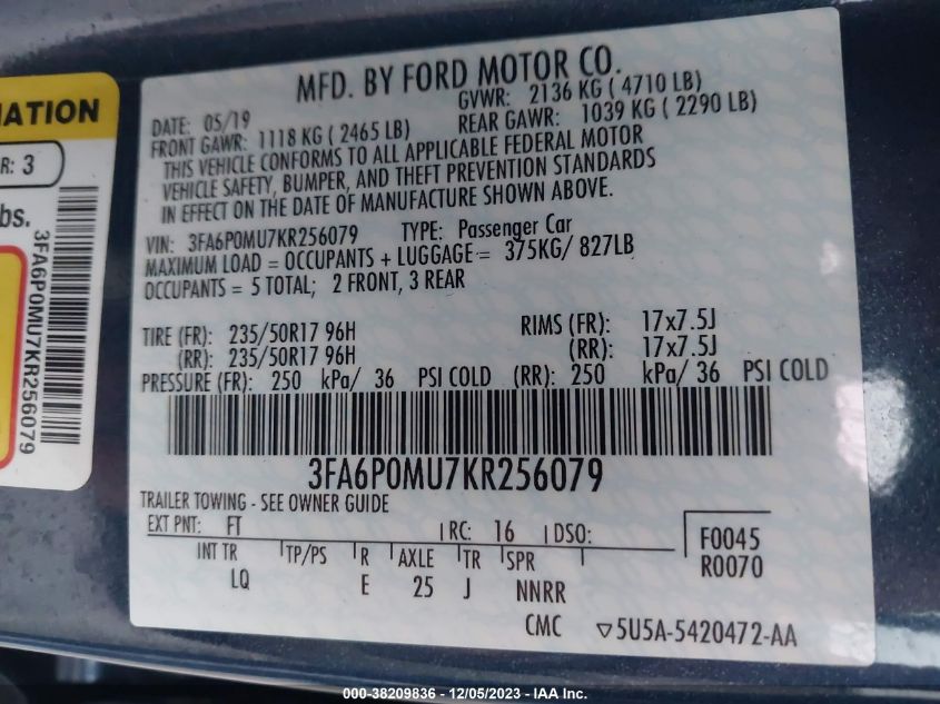 2019 FORD FUSION HYBRID SEL - 3FA6P0MU7KR256079
