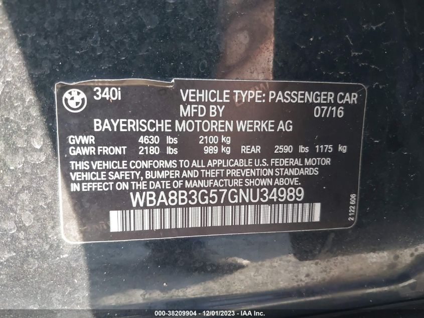 2016 BMW 340I WBA8B3G57GNU34989