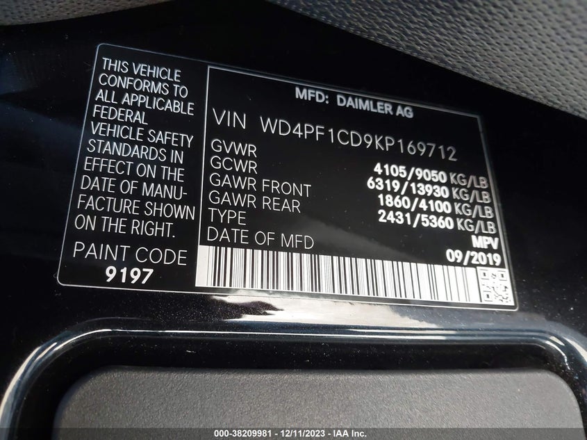 VIN WD4PF1CD9KP169712 2019 MERCEDES-BENZ SPRINTER 2500 HIGH ROOF V6