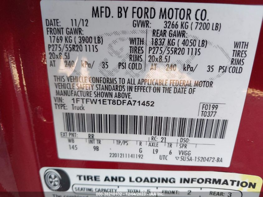 2013 FORD F-150 PLATINUM - 1FTFW1ET8DFA71452