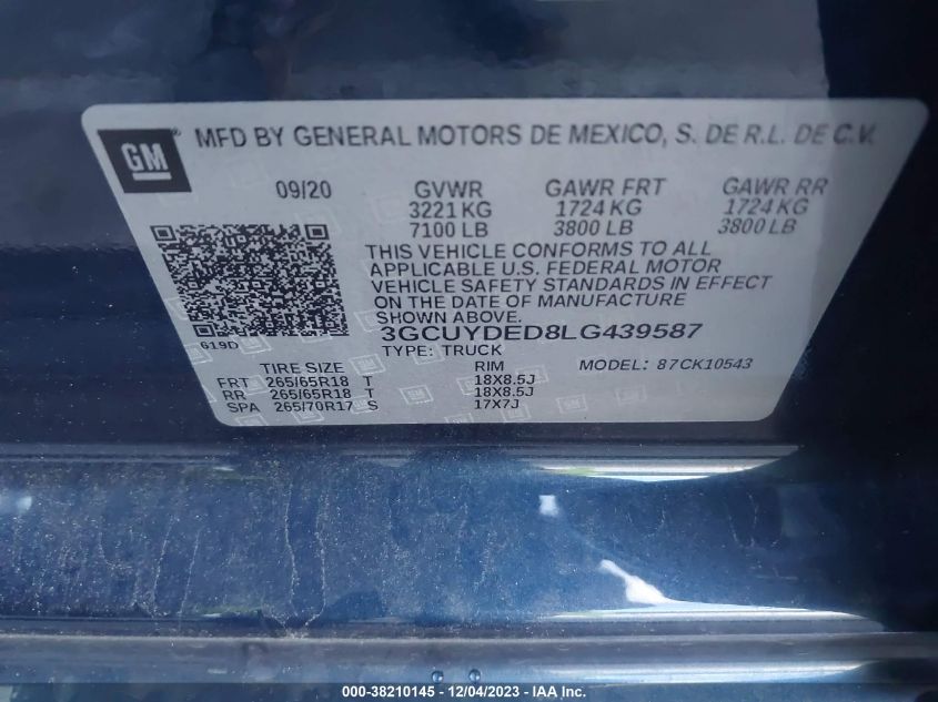 2020 CHEVROLET SILVERADO 1500 4WD  SHORT BED LT - 3GCUYDED8LG439587