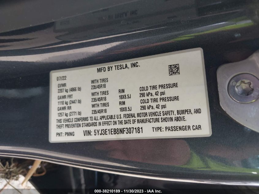 5YJ3E1EB8NF307181 | 2022 TESLA MODEL 3