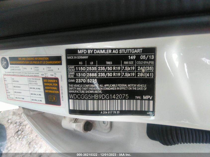 2013 MERCEDES-BENZ GLK 350 WDCGG5HB9DG142075