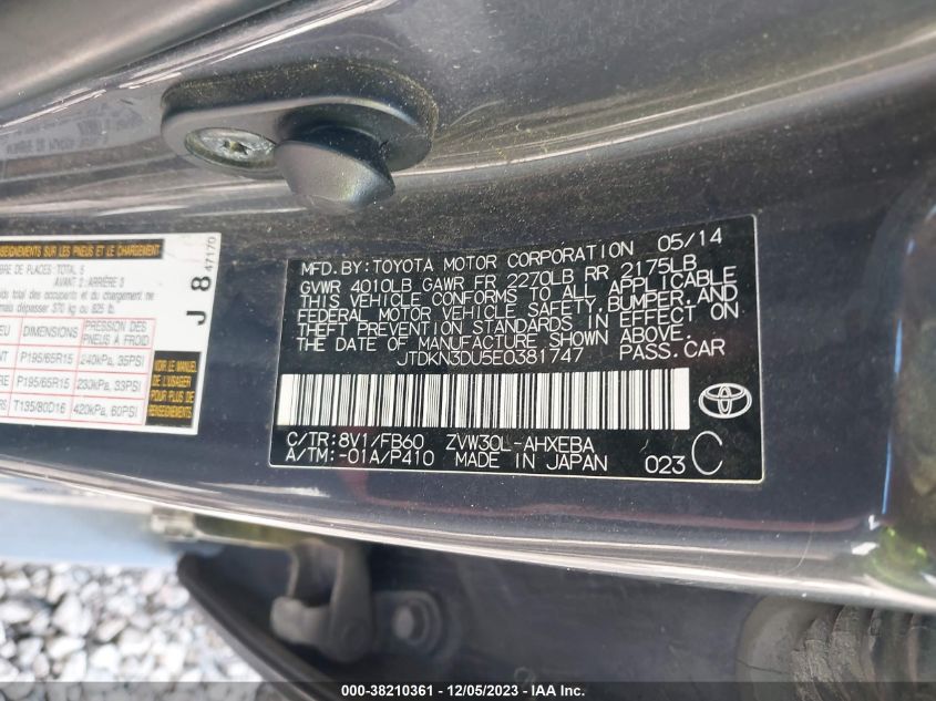 2014 TOYOTA PRIUS TWO - JTDKN3DU5E0381747