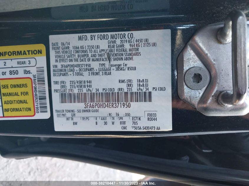 2014 FORD FUSION SE - 3FA6P0HD4ER371950