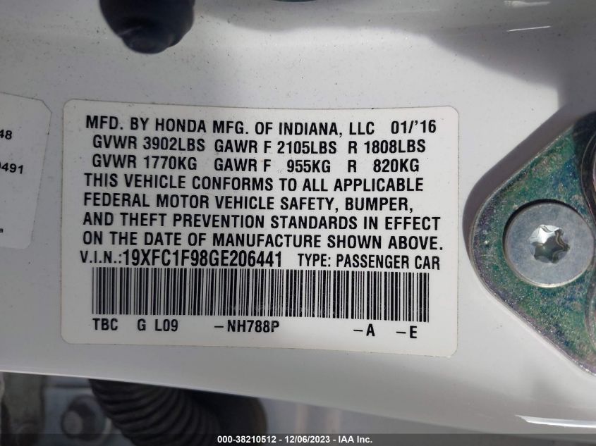 2016 HONDA CIVIC TOURING - 19XFC1F98GE206441