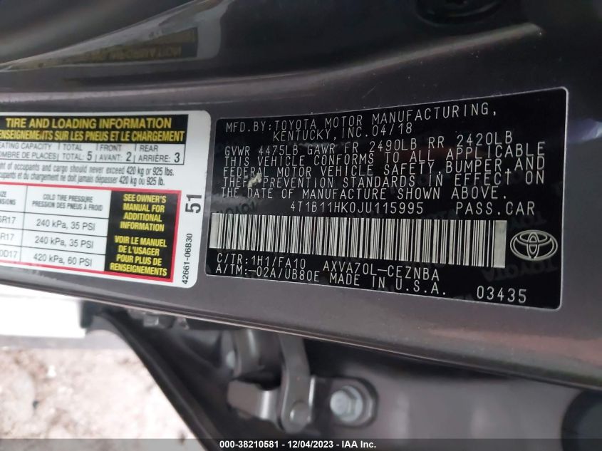 2018 TOYOTA CAMRY LE - 4T1B11HK0JU115995