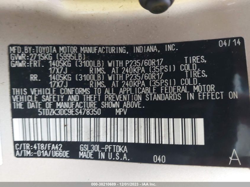 2014 TOYOTA SIENNA - 5TDZK3DC9ES478350