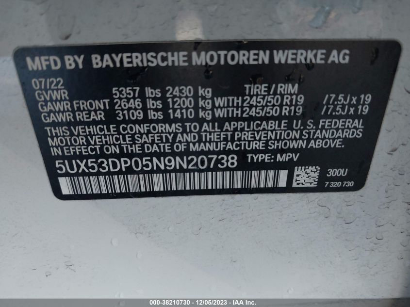 2022 BMW X3 XDRIVE30I - 5UX53DP05N9N20738