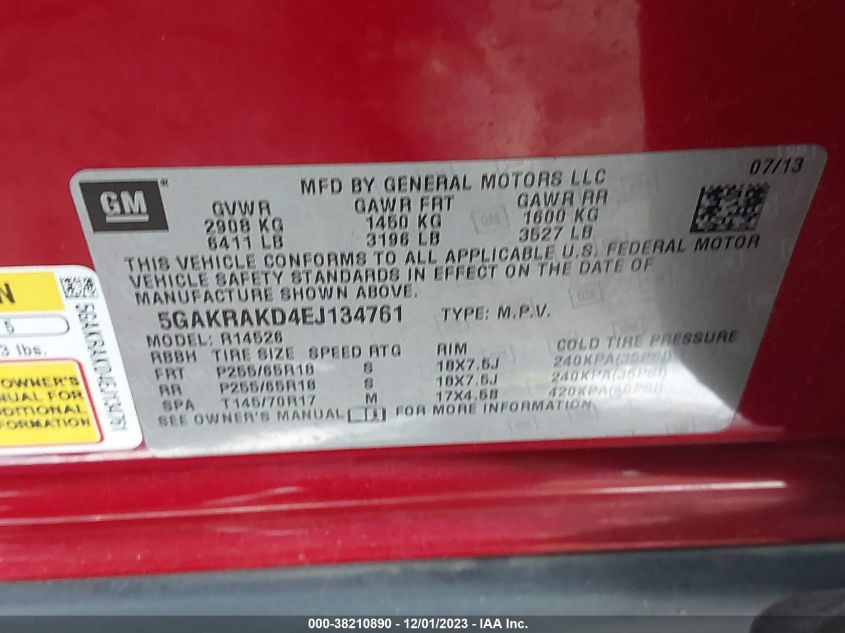 2014 BUICK ENCLAVE - 5GAKRAKD4EJ134761