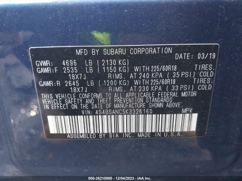 2019 SUBARU OUTBACK 2.5I LIMITED - 4S4BSANC5K3326160