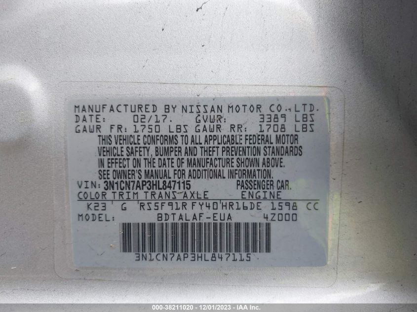 2017 NISSAN VERSA S/S PLUS/SV/SL - 3N1CN7AP3HL847115