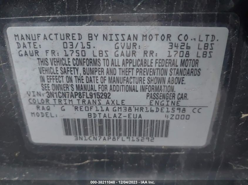 2015 NISSAN VERSA S/S PLUS/SV/SL - 3N1CN7AP8FL915292