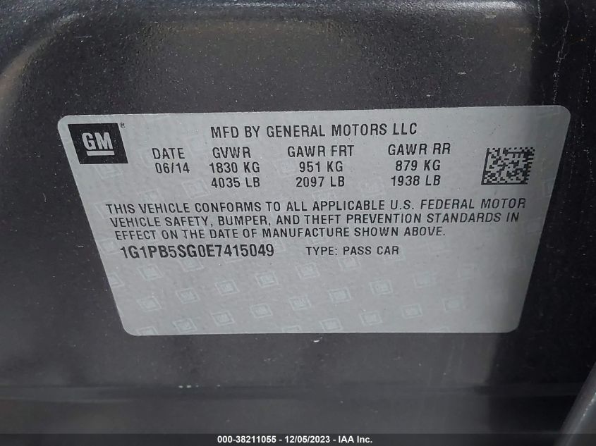 2014 CHEVROLET CRUZE LS MANUAL - 1G1PB5SG0E7415049