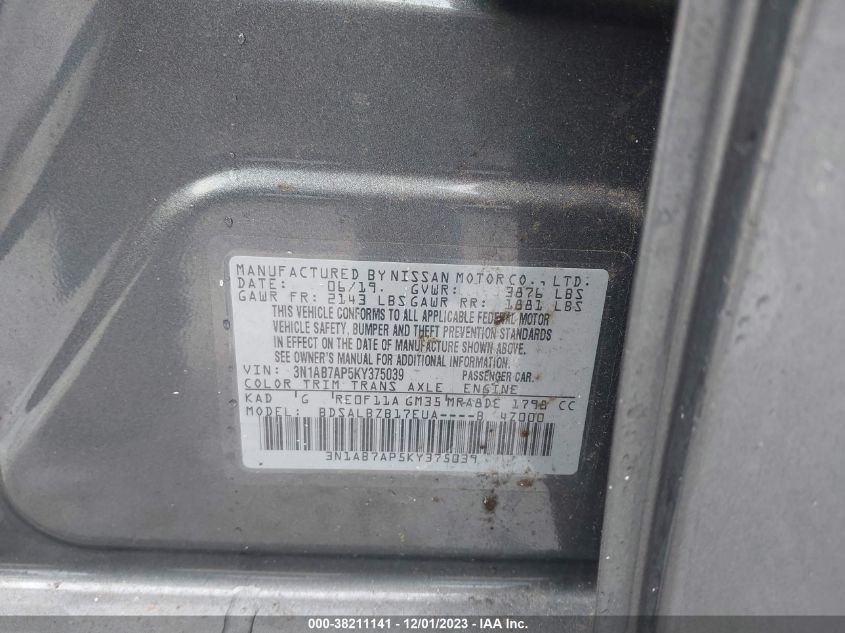 2019 NISSAN SENTRA S/SV/SR/SL - 3N1AB7AP5KY375039