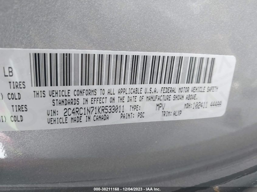 2019 CHRYSLER PACIFICA HYBRID LIMITED - 2C4RC1N71KR533011