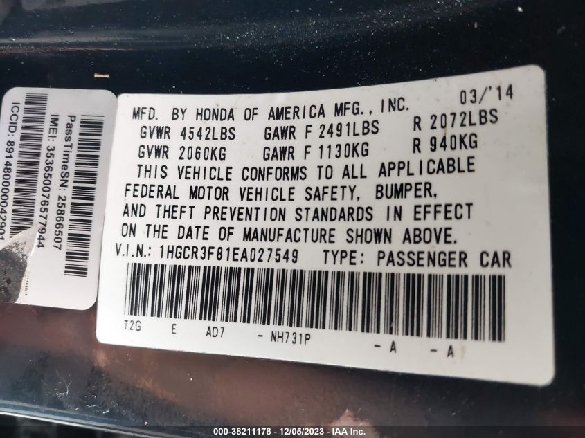 2014 HONDA ACCORD EX-L V-6 - 1HGCR3F81EA027549