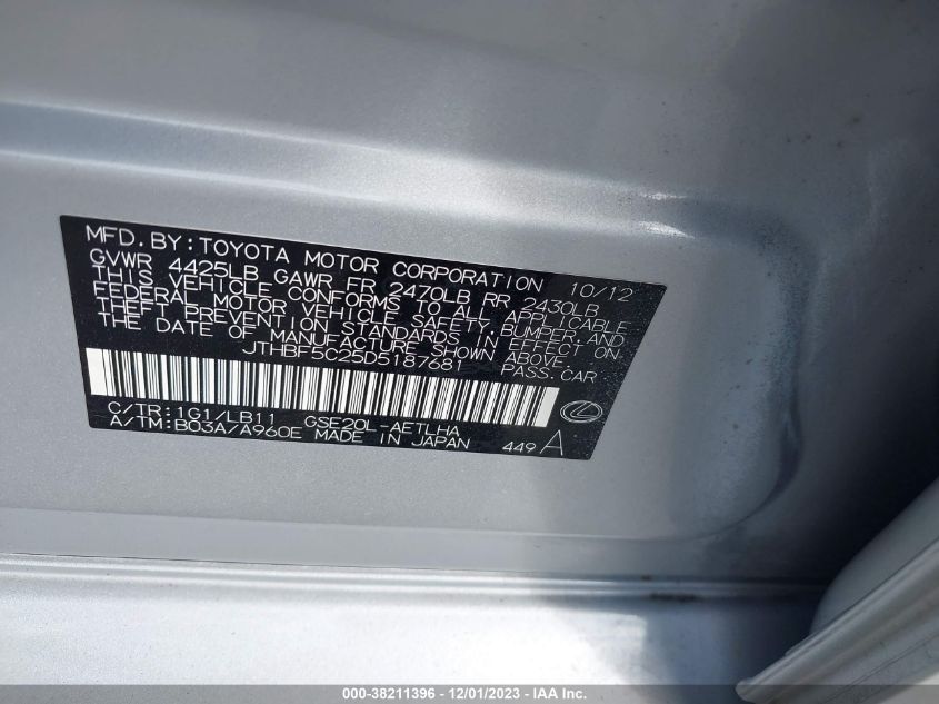 2013 LEXUS IS 250 - JTHBF5C25D5187681