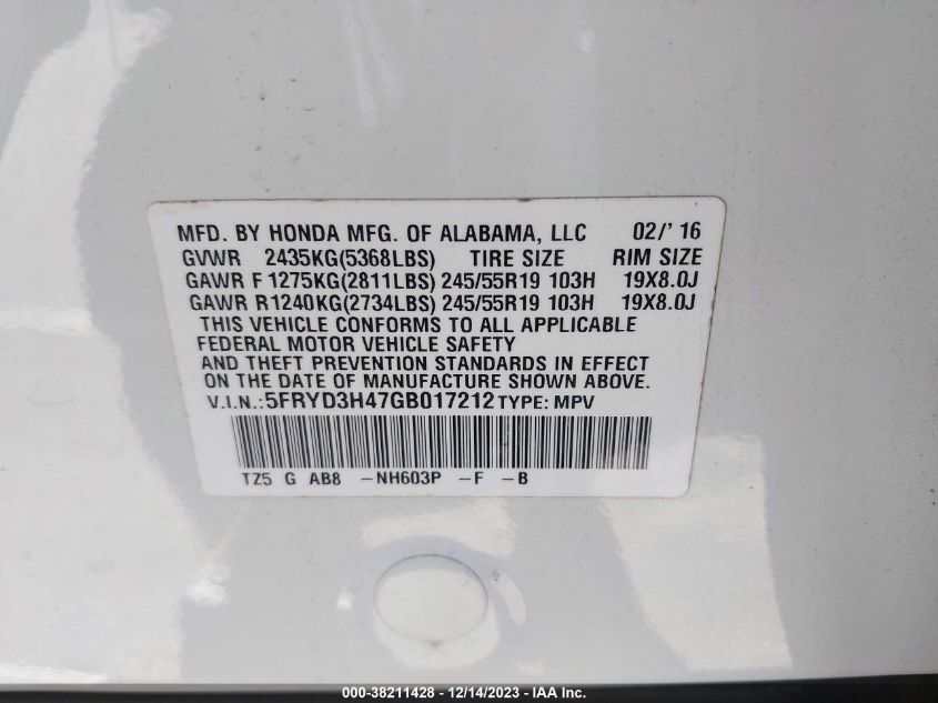 2016 ACURA MDX TECHNOLOGY   ACURAWATCH PLUS PACKAGES/TECHNOLOGY PACKAGE - 5FRYD3H47GB017212