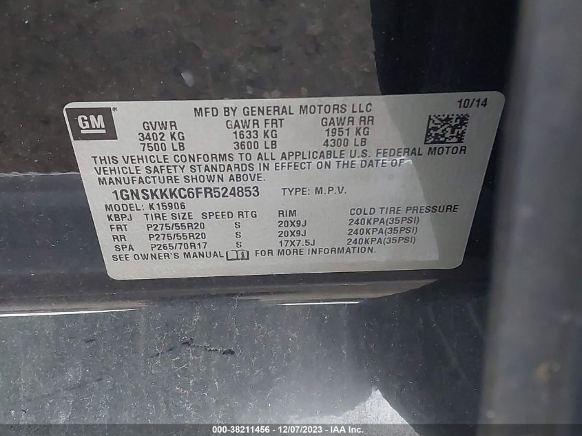 2015 CHEVROLET SUBURBAN 1500 LTZ - 1GNSKKKC6FR524853