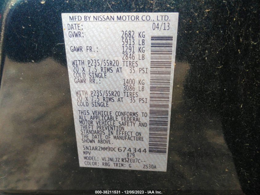 2013 NISSAN PATHFINDER PLATINUM - 5N1AR2MM9DC674344