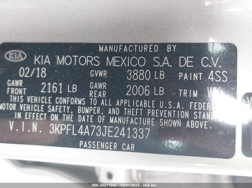 2018 KIA FORTE LX/S - 3KPFL4A73JE241337