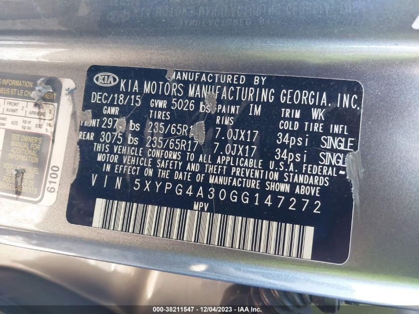 2016 KIA SORENTO LX/L - 5XYPG4A30GG147272