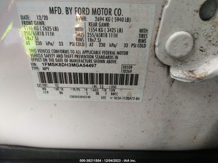 2021 FORD EXPLORER XLT - 1FMSK8DH3MGA54497
