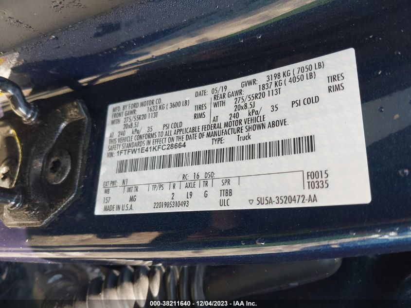 2019 FORD F-150 XLT - 1FTFW1E41KFC28664